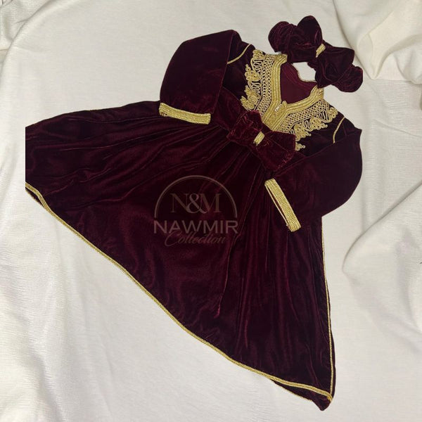 Caftan Fille Bordeaux en Velours avec Ceinture et Bandeau