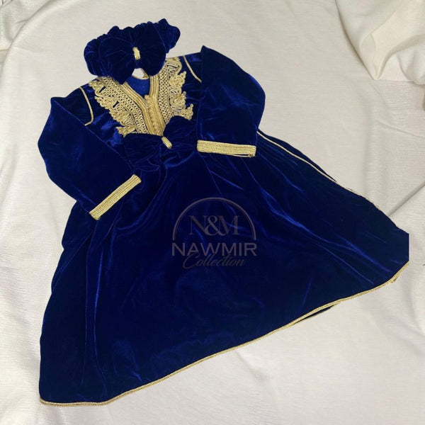 Caftan Fille Bleu Rois Velours avec Ceinture et Bandeau